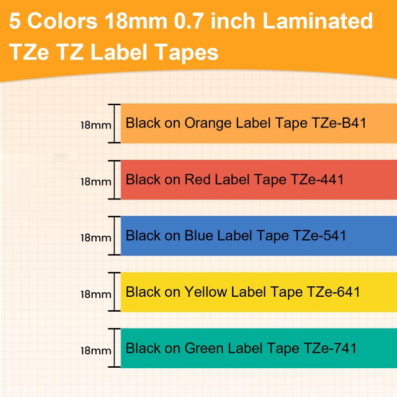 Labelife Replacement for Brother P Touch Label Tape TZe TZ Tape 18mm 0.7 Inch Laminated Black on Orange/Red/Blue/Yellow/Green Compatible with Brother P Touch PT-D400 D410 D600 1880, 3/4 inch, 5-Pack - Image 3